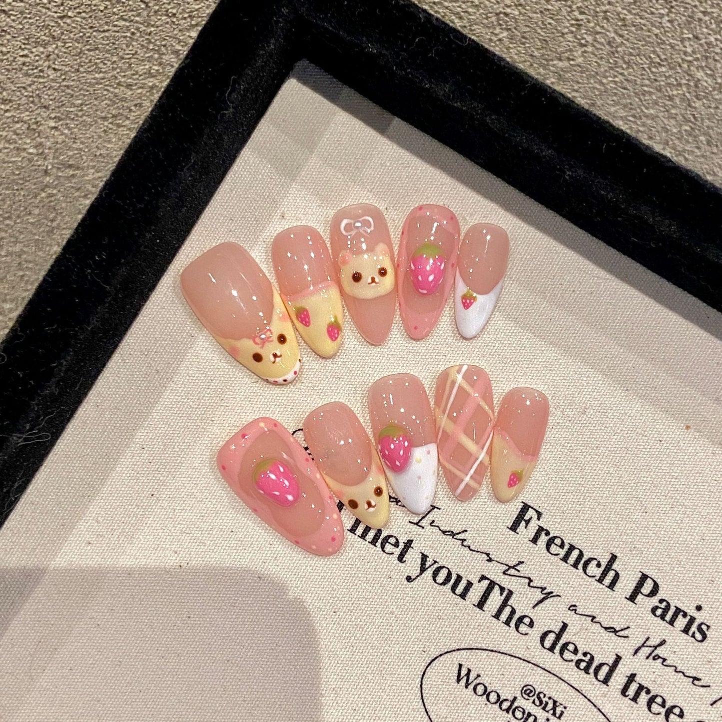 10Pcs Almond Press on Nails with Pink Strawberry Bear Design Acrylic False Nails Cute Full Cover Sweet Girl Wearable Nail Tips
