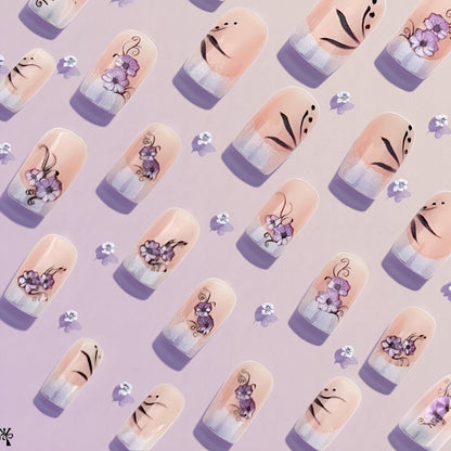 24pcs Sweet Cool False Nails Gradient French Fake Nail Tips with Purple Flowers Design Short Square Press on Nails Colorful Nail