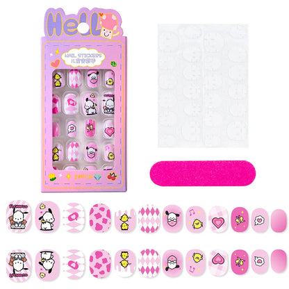12pcs Kids 3D Stereo Sanrio Fake Nails Patch Sweet Girls Cute Cartoon Hello Kitty press on nails Kuromi Child Wearable FalseNail