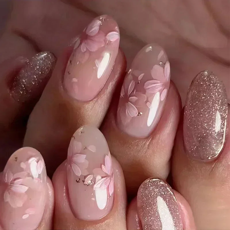 24Pcs Pink Almond False Nails Sweet Summer Fake Nail Cute Flowers Pearl Nails Press Ons Colorful Monet Press on Nails for Girls