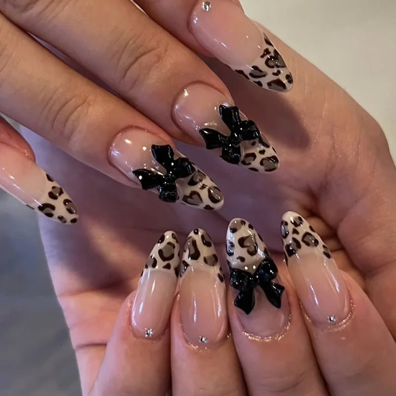 24pcs Almond-Shaped Nails Leopard Print Featuring a French Tip Design And 3D Bow Decor Glossy Full Coverage Press-On Fake Nails