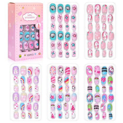 120Pcs/box Cartoon Girl Fake Nail Tips 5-12Year Cute Princess Cat/Rabbit/Unicorn Press-On Nail DIY Kawaii Girl Manicure Tip