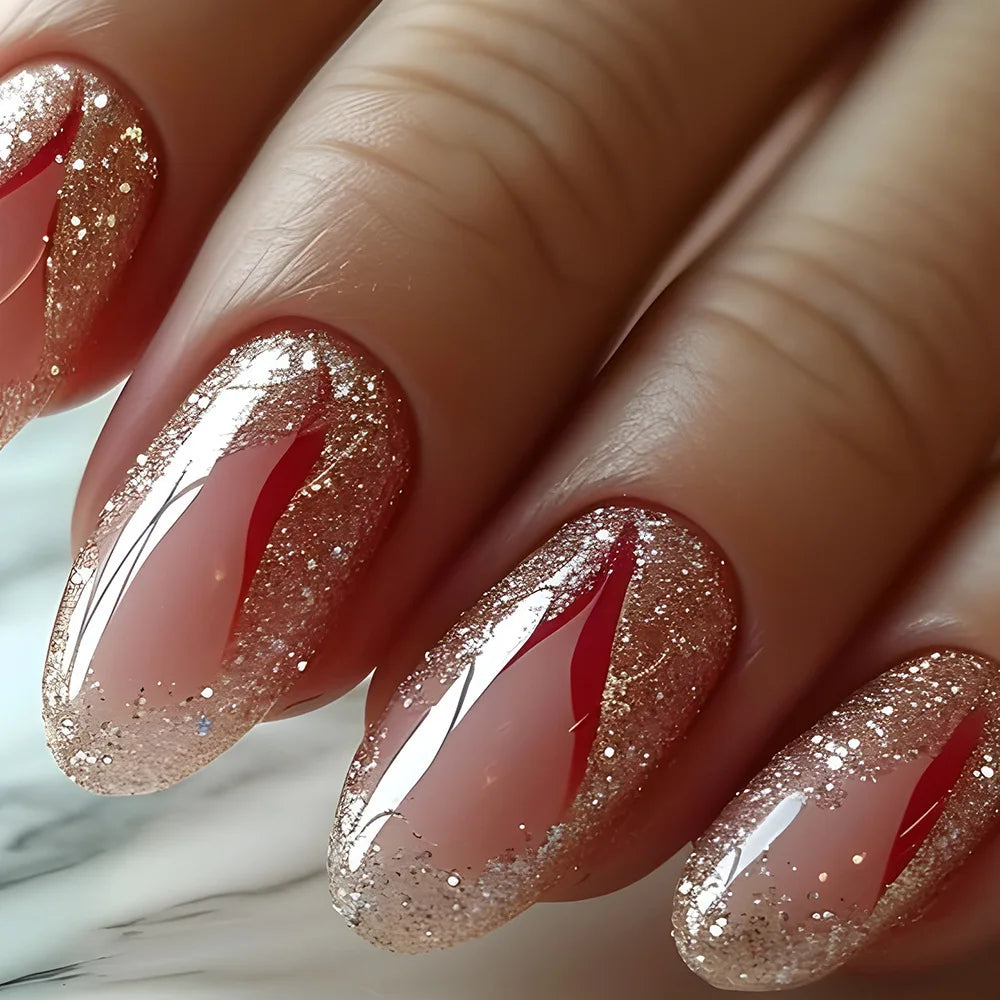 24pcs/set short middle fake nails super sparkling glitter flowers starry sky ballet square almond tips press on false nails art