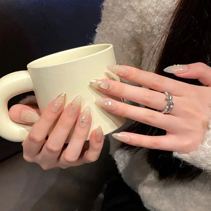 10pcs White Flowers Decor Fake Nails French Pearl Almond Fake Nail Patch Wearable Full Cover Handmade Bride Press on Nail Tips