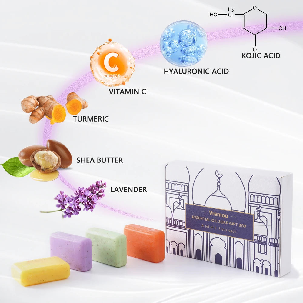 4 Pack Of Natural Plant Essential Oil Soap, Kojic Soap, Turmeric Soap, Moisturizing Cleansing Soap - Bath Body Soap Gift Box