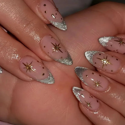 24pcs Short Almond Pink French False Nails Star Design Press on Nails Fake Nails DIY Manicure Detachable Stick-on Nail Tips