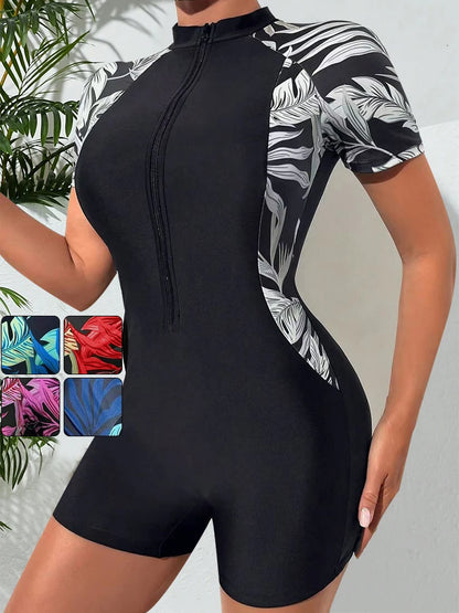 One Piece Floral Swimwear Swim Suit Women Short Sleeve Swimsuit Zip Front Tropical Plant Surfing Sun Protection（No built-in bra
