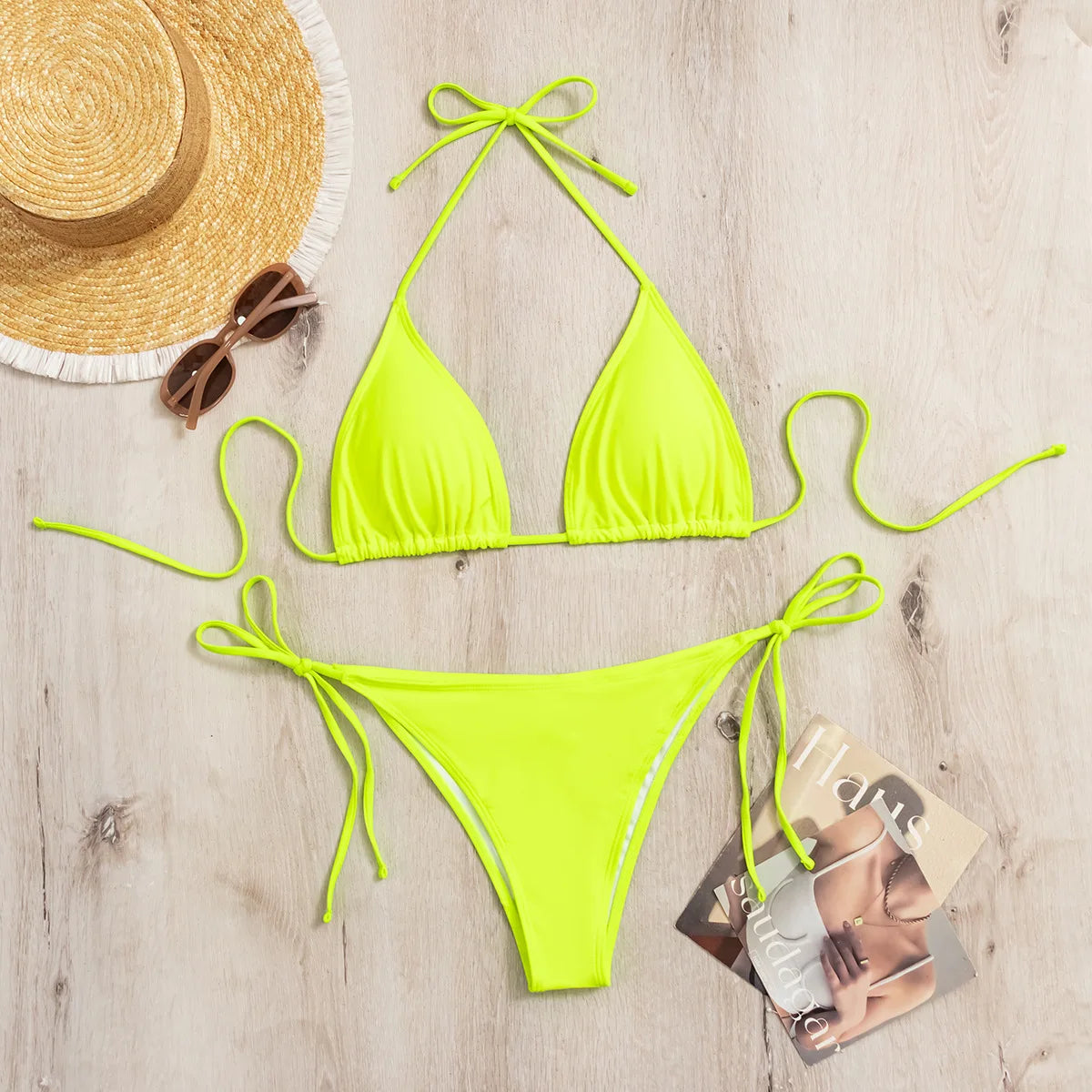 Bikini three-point swimsuit sexy drawstring strap halter bikini solid color lace-up split swimsuit