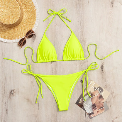 Bikini three-point swimsuit sexy drawstring strap halter bikini solid color lace-up split swimsuit