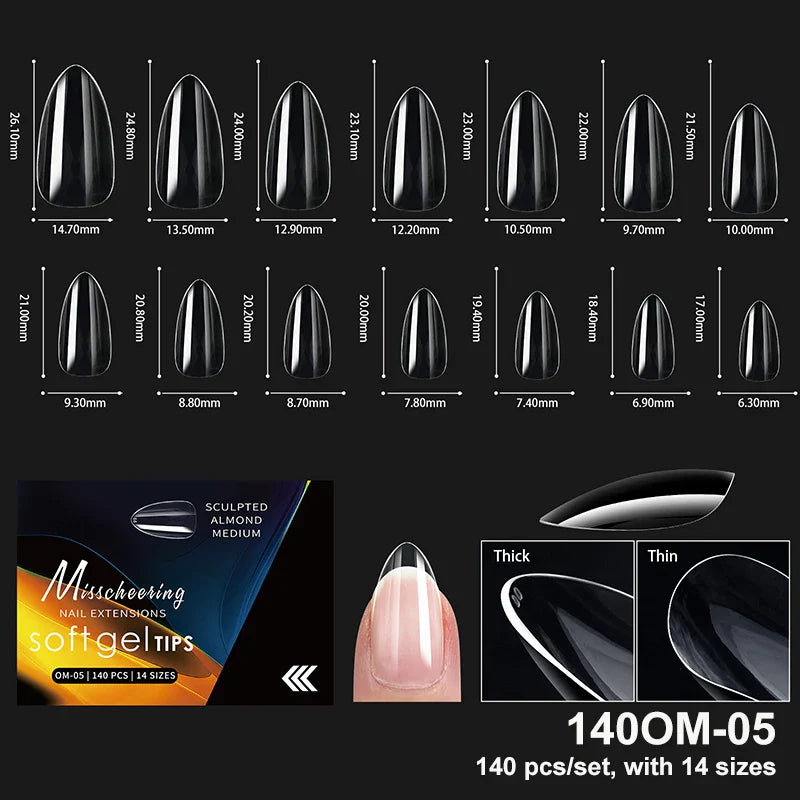 Luxury Acrylic False Nail Tips Almond Coffin Full Cover Super Clear Square Artificial Extension Soft Gel Tip Salon Manicure Tool