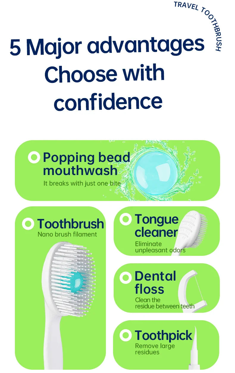 Portable and individually packaged 3-in-1 nano brush head toothbrush floss disposable toothbrush for adults on business trips