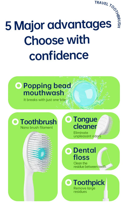 Portable and individually packaged 3-in-1 nano brush head toothbrush floss disposable toothbrush for adults on business trips