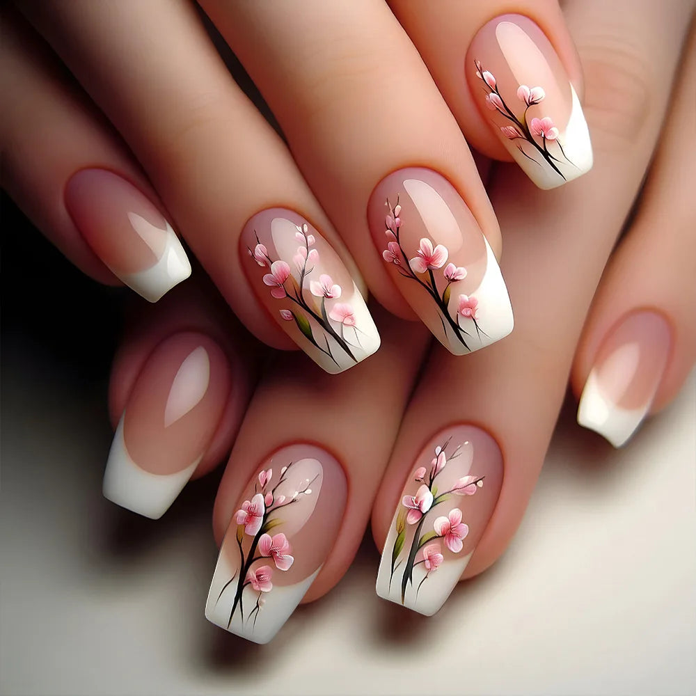 24pcs Press on Nails Flower Design Mid-length Ballet False Nail Fashion Brown Full Cover Manicure Tips Datachable Fake Nails Set
