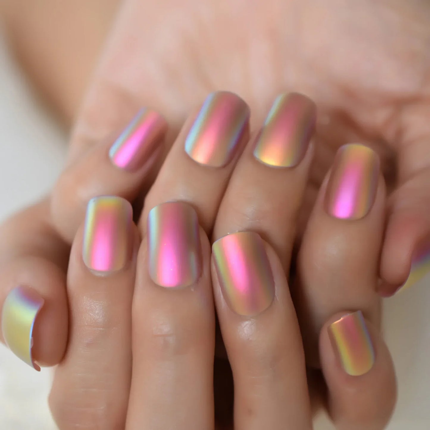 Metallic Square Colorful Short Length Dating Press On Nails Women Or Girl