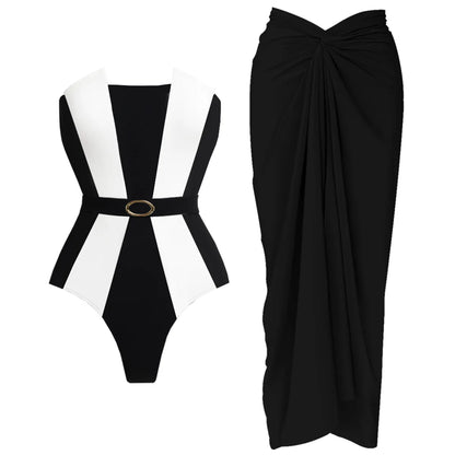 2Pcs Striped Swimsuit With Long Skirt Sexy Women Bikini Push Up Swimwear Halter Biquini Female Bathing Suit Slimming Beachwear