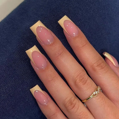 24Pcs White Edge French Fake Nails Mid-length Square Head False Nail Wearable Simple Nails Set Press on Full Cover Nail Tips