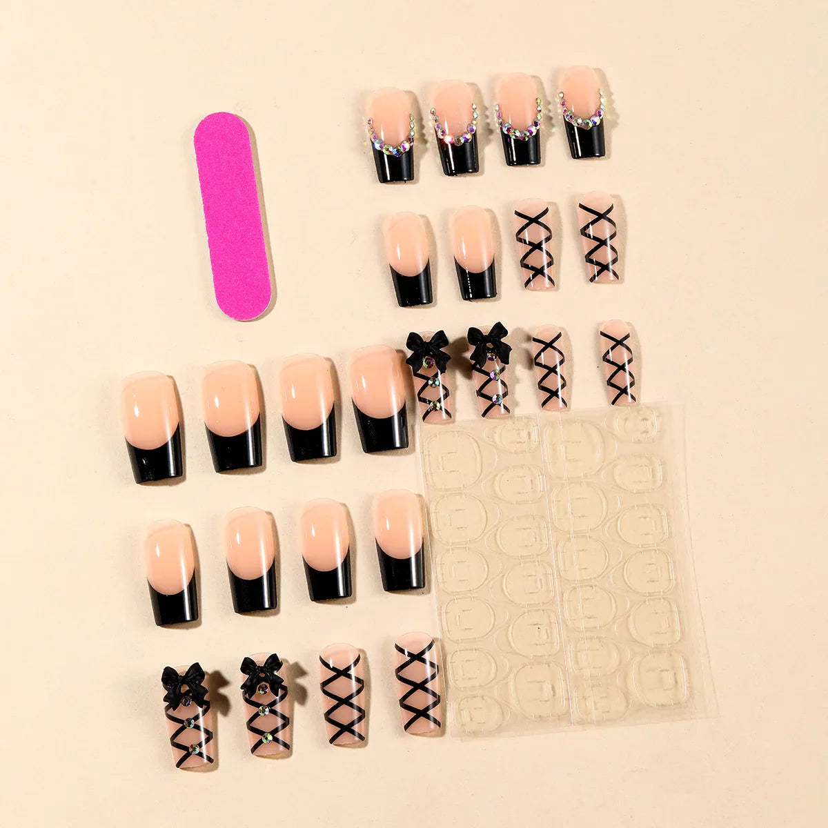 24pcs Long Ballet Press On Nails Black Cross Strap French Style Fake Naile With 3D Bowknot Decor Korean Reusable False Nail Tips