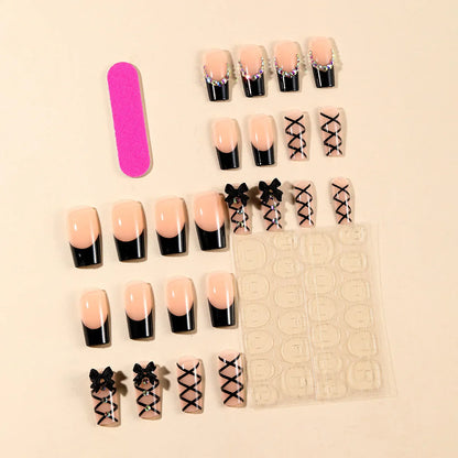 24pcs Long Ballet Press On Nails Black Cross Strap French Style Fake Naile With 3D Bowknot Decor Korean Reusable False Nail Tips