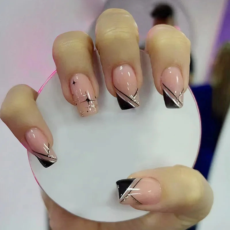 24Pcs Shiny Pearl Wearable False Nails Short Square Fake Nail Simple Summer Press on Nails Detachable Full Cover Nail Tips