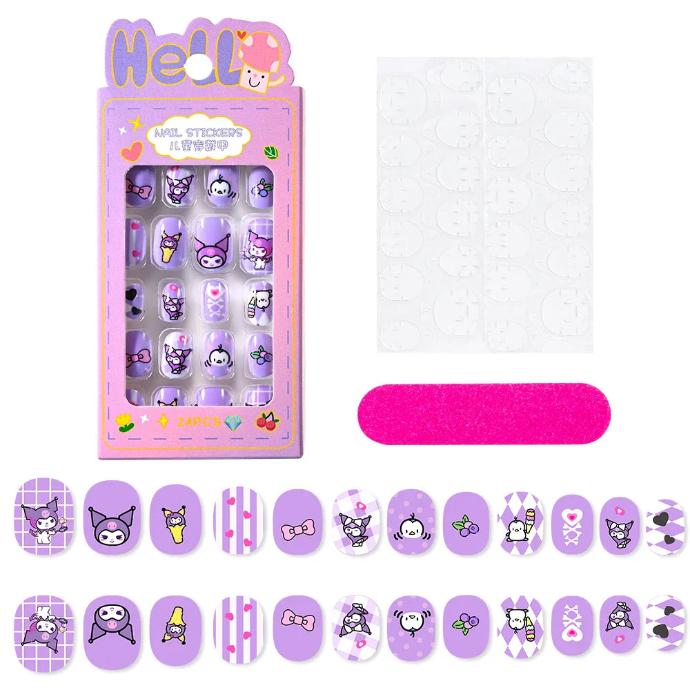 12pcs Kids 3D Stereo Sanrio Fake Nails Patch Sweet Girls Cute Cartoon Hello Kitty press on nails Kuromi Child Wearable FalseNail