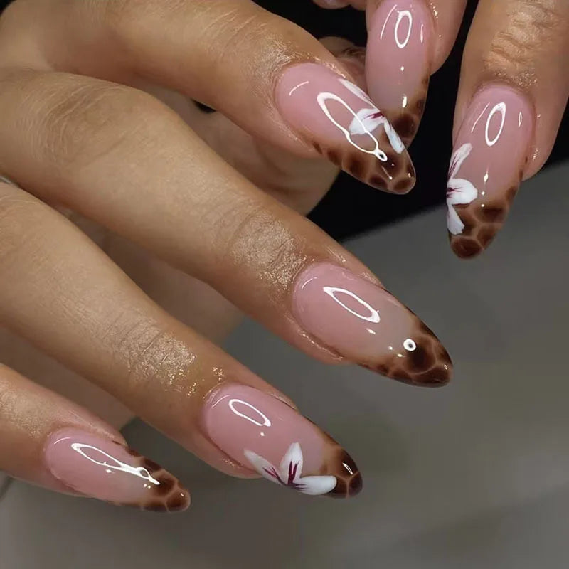 24pcs Pink Flower Almond Press on Nails Simple Fake Nails False Nails Artificial Tip Накладные Ногти Uñas Postizas Mujer 네일팁