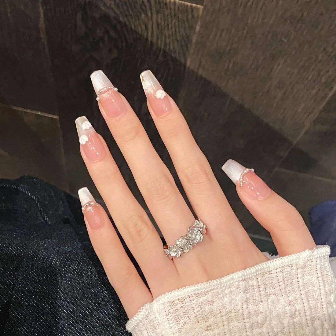 10pcs Hand-painted Tulip Fake Nail Patches Sweet Pink Pearl Cat's Eye Handmade Press On Nails Ins Simple False Nail For Summer