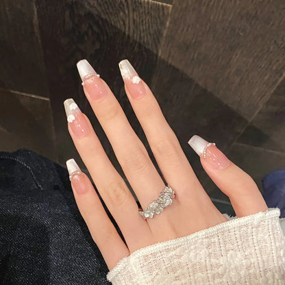 10pcs Hand-painted Tulip Fake Nail Patches Sweet Pink Pearl Cat's Eye Handmade Press On Nails Ins Simple False Nail For Summer