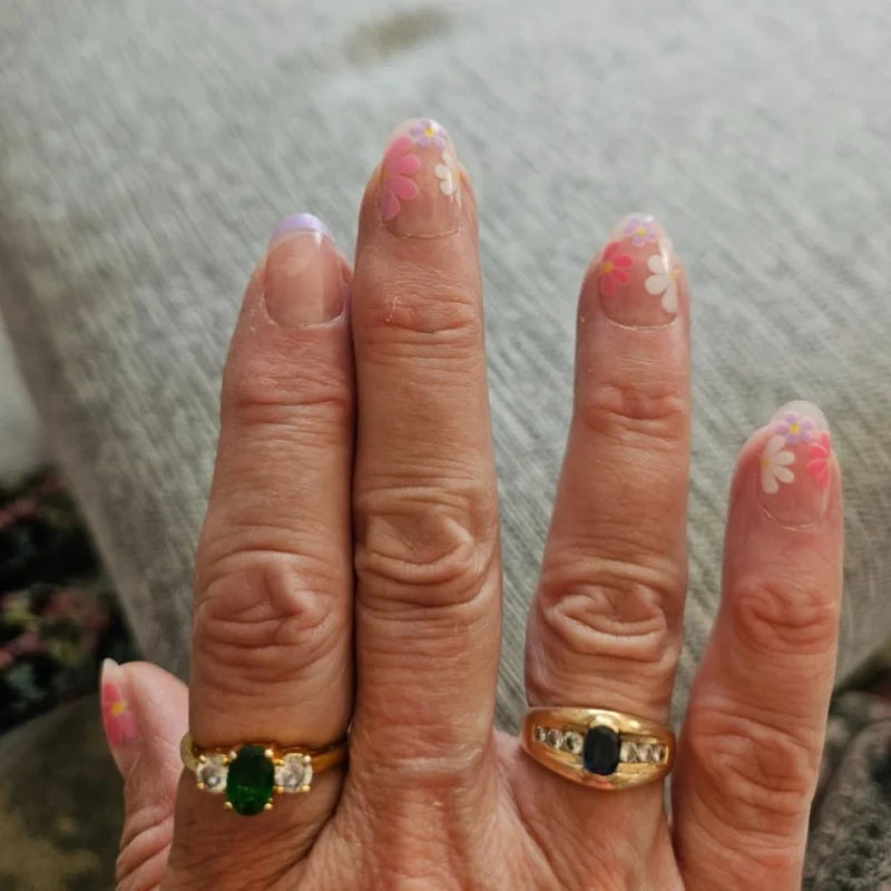 24Pcs Short Almond Press-On Nails Pink Floral French Tip Glossy&Elegant Full Cover Fake Nails for Women&Girls Spring,Daily Wear