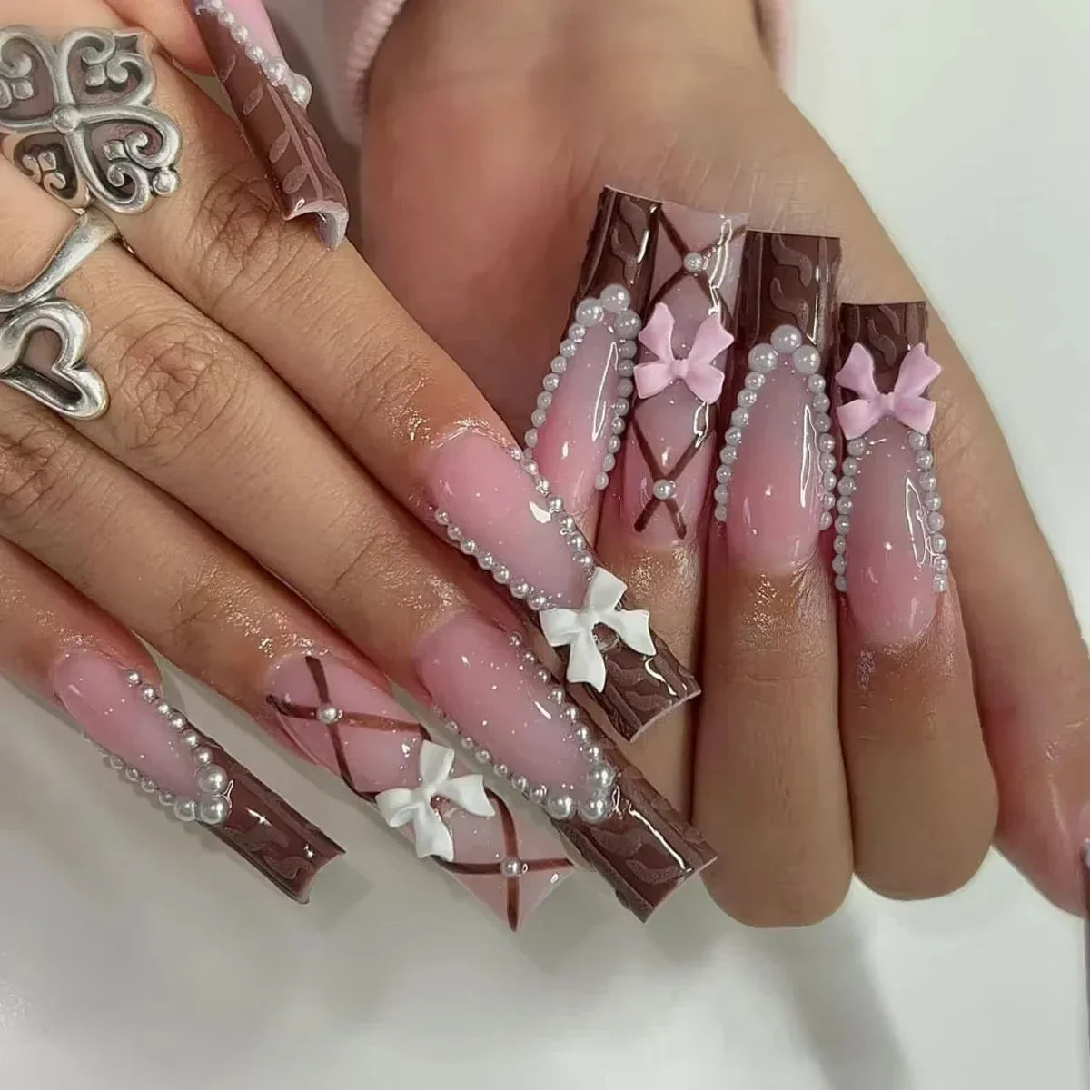 24Pcs Pearl heart Press on Nails Cross French Long Style Fake Nail for Women&Girl Removable Wearable Nail Art