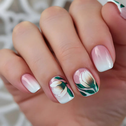 24pcs Sweet Cool False Nails Gradient French Fake Nail Tips with Purple Flowers Design Short Square Press on Nails Colorful Nail