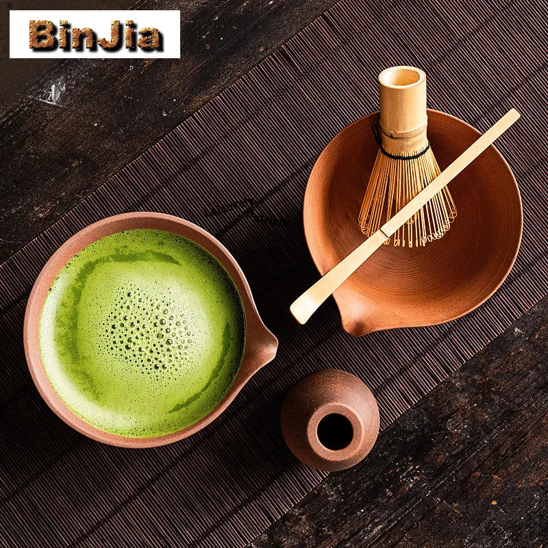 Unglazed Coarse Pottery Old Rock Clay Tea Set Complete Set Japanese Matcha Set Kit Matcha Bowl Bamboo Tranditional Tea Sets