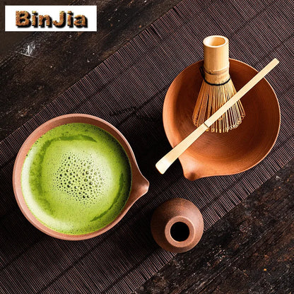 Unglazed Coarse Pottery Old Rock Clay Tea Set Complete Set Japanese Matcha Set Kit Matcha Bowl Bamboo Tranditional Tea Sets