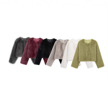 Faux fur jacket Traf   Fall/Winter New Fashion Women's Faux Fur Effect Round Neck Long Sleeve Short Jacket 2025