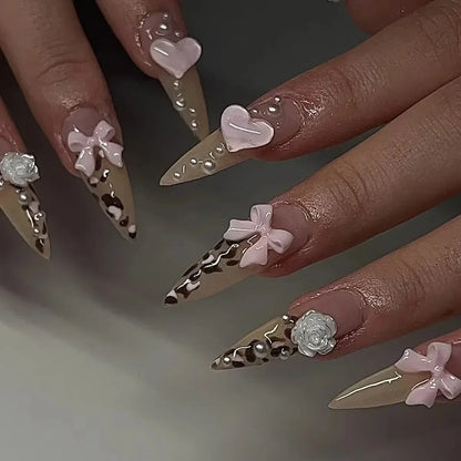 Leopard Print Ballet Fake Nails Art Almond False Nail Tip Charm Star Bowknot Flower Heart Cherry Pointed Press on Nails Manicure