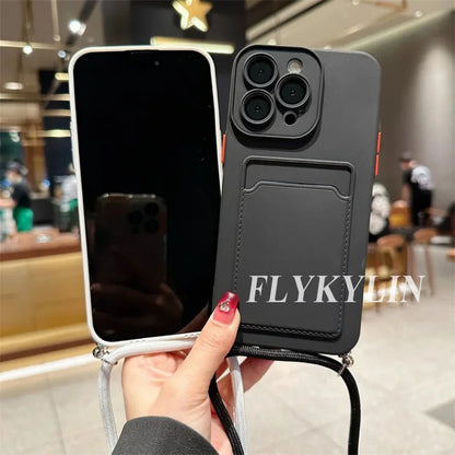 Flat Rope Solid Color Card Bag Phone Case For Xiaomi Redmi Note 14 13 12 Pro 11 10 Pro Plus 11S 10S Hanging Rope Soft Silicone