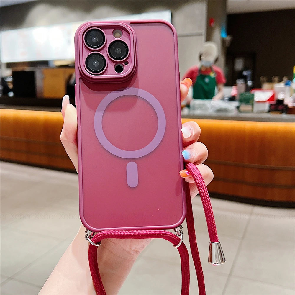 Crossbody Lanyard Cord Rope Necklace For Magsafe Magnetic Case For iPhone 17 16 15 11 12 13 14 Pro Max Matte Clear Charge Cover