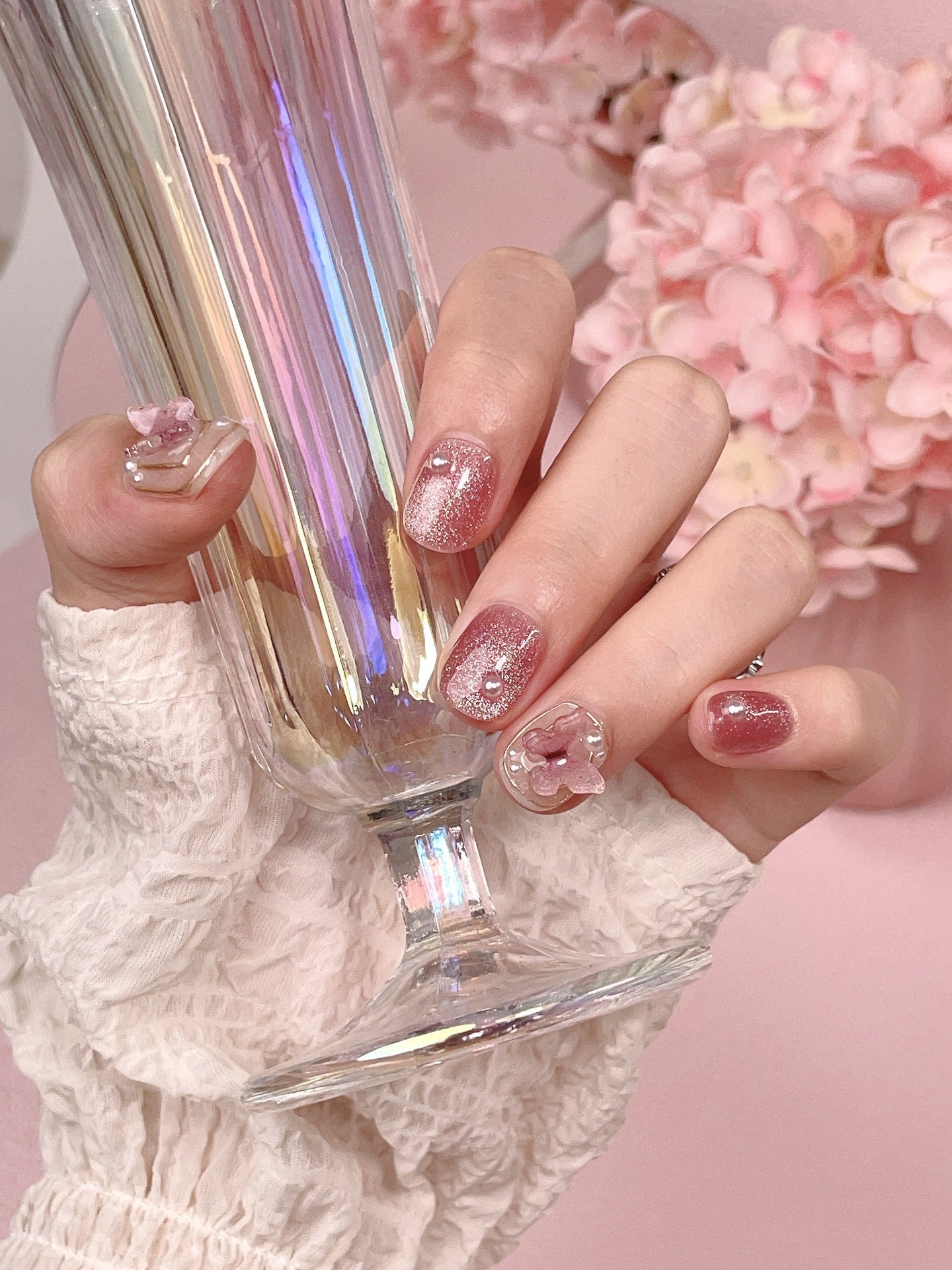 10Pcs Cat Eye Short Handmade Press On Nails Full Cover Rhinestone Butterfly Design Pink False Nails Manicure Wearable Nail Tips