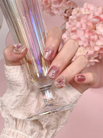 10Pcs Cat Eye Short Handmade Press On Nails Full Cover Rhinestone Butterfly Design Pink False Nails Manicure Wearable Nail Tips