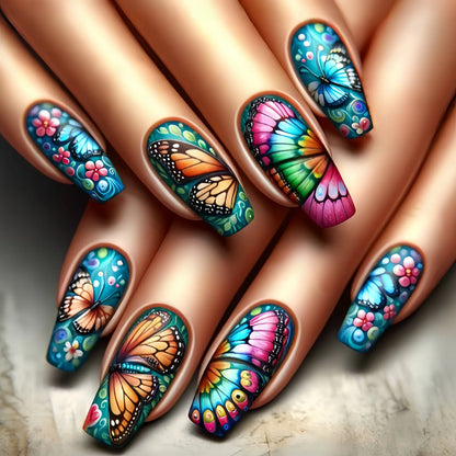 24Pc Colorful Sunflower Pattern Design Fake Nails Detachable Long Ballet Press on False Nails Fashion Nails Art Tips for Spring.