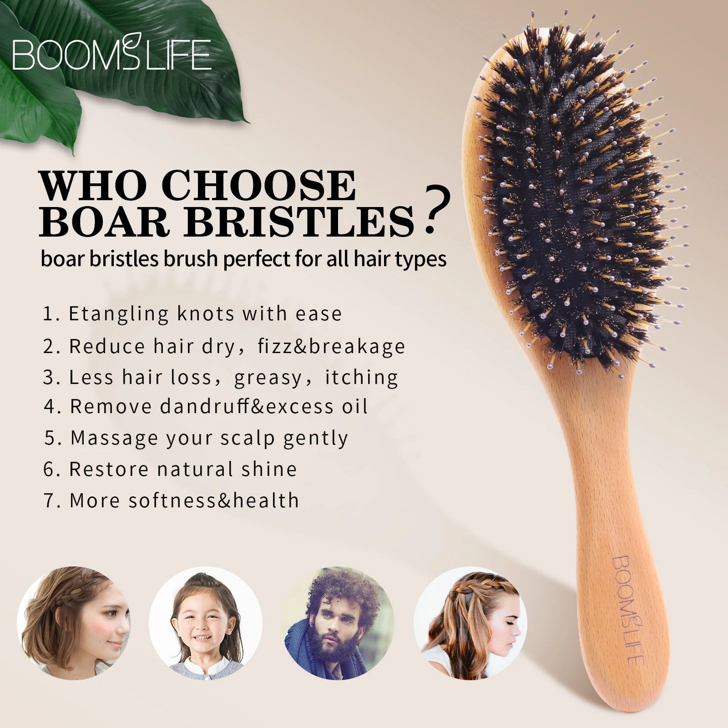 Soft Boar Bristle Hair Brush Women Wood Comb for Hair Head Scalp Massage Detangle Hairbrush for Curly Thick Long Hair Care Tool