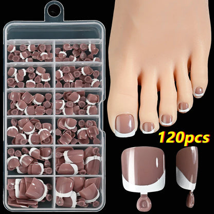 120pcs/Box French Tip Press-On Toenails Pink Color System Square Shape Foot Nails Short Length Glossy Finish False Toe Nails Set