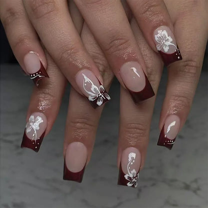 24Pcs Fairy White Flower Fake Nails Pink French Tip Press on Nails Short Square Wearable False Nail for Women Girls DIY Manicure