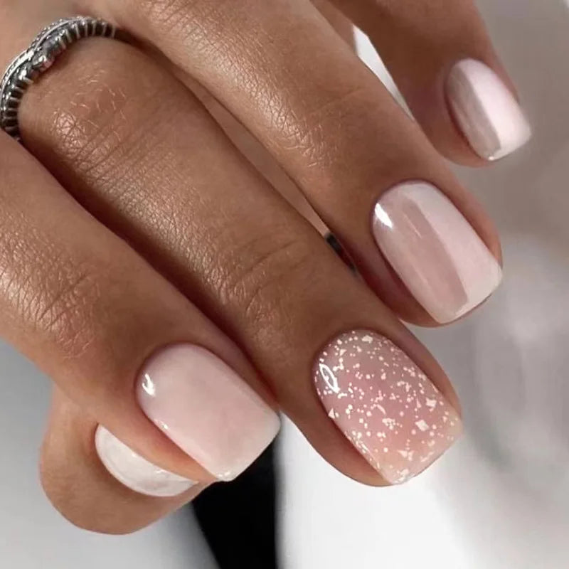 Glossy Press on Nails Set Short Oval Shiny Gradient French Nail Art Design Reusable Full Cover Fake Nails with Glue for Girls