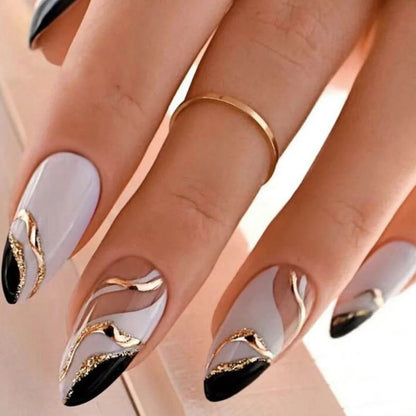 24PCS- white almond fake nails, red love pattern decoration, exquisite elegance, fashion generous, suitable for dating, dinner,