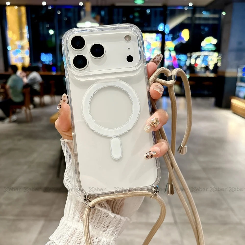 Crossbody Lanyard Necklace Rope Clear Case For iPhone 13 14 Plus 15 16 17 Pro Max For Magsafe Magnetic Wireless Charging Cover