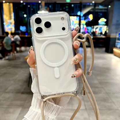 Crossbody Lanyard Necklace Rope Clear Case For iPhone 13 14 Plus 15 16 17 Pro Max For Magsafe Magnetic Wireless Charging Cover