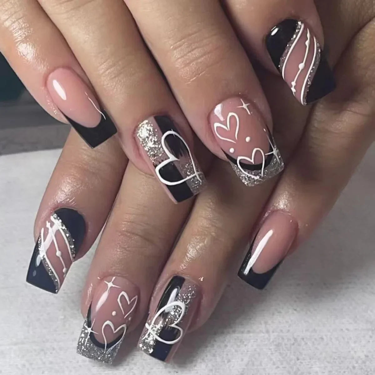24pcs Sweet Cool False Nails Gradient French Fake Nail Tips with Purple Flowers Design Short Square Press on Nails Colorful Nail