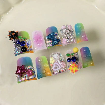 10pcs Pink Duckbill Handmade Press on Nails Art Simple White French Short Fake Nail Wearable Rhinestones Design False Nails Tips