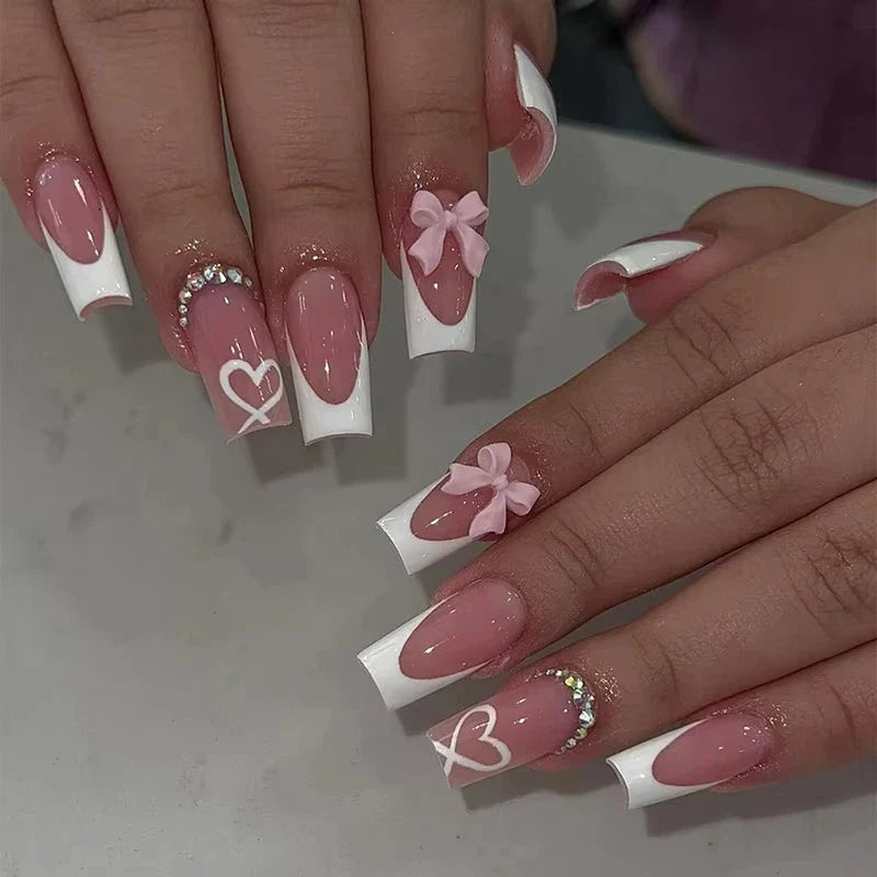 24Pcs Brown Plaid Press on Nails French Bow Spring False Nail Medium Almond Fashion Atmosphere Wearable Nail for Women&Girl