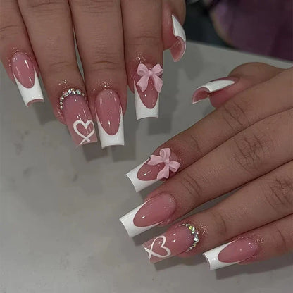 24Pcs Brown Plaid Press on Nails French Bow Spring False Nail Medium Almond Fashion Atmosphere Wearable Nail for Women&Girl